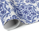 青いクリスマススターオンホワイト中国パターン ラッピングペーパー (ロールコーナー)