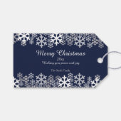 青いクリスマススノーフレークのパターン挨拶 ギフトタグ (正面(横))