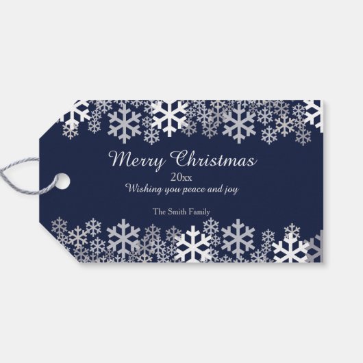 青いクリスマススノーフレークのパターン挨拶 ギフトタグ (裏面横)