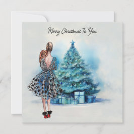 青いクリスマスツリーと女性のメリークリスマス カード