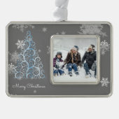 青いクリスマスツリーと雪の結晶のフレームオーナメント シルバープレートフレームオーナメント (正面)