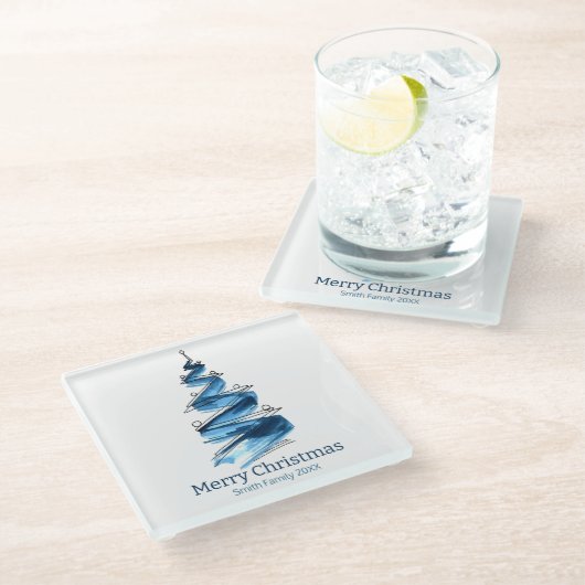 青いクリスマスツリーの水色 ガラスコースター (アングル)