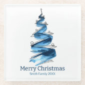 青いクリスマスツリーの水色 ガラスコースター (正面)