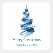青いクリスマスツリーの水色 スクエアシール (正面)