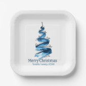 青いクリスマスツリーの水色 ペーパープレート (正面)