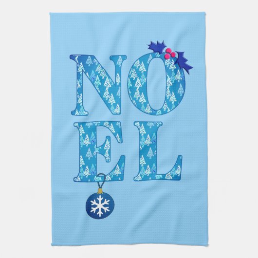 青いクリスマスツリーパターンのNOEL キッチンタオル (縦)