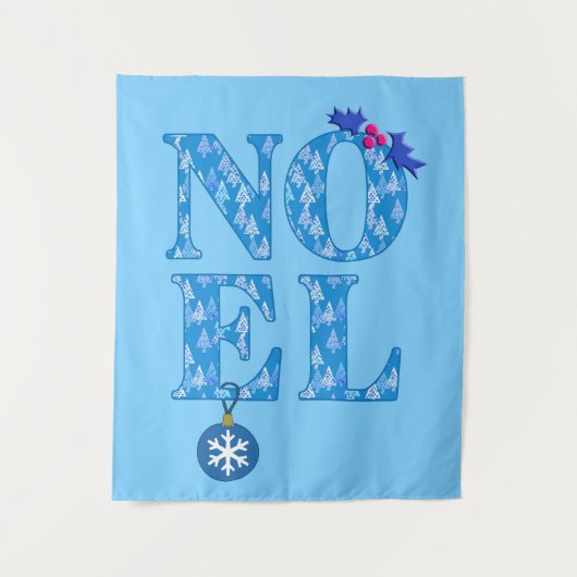 青いクリスマスツリーパターンのNOEL タペストリー (正面)