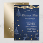 青いクリスマスツリー、トナカイの企業パーティー 招待状 (正面/裏面)