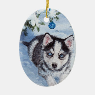 青いクリスマスハスキーな犬の子犬のクリスマスのオーナメント セラミックオーナメント