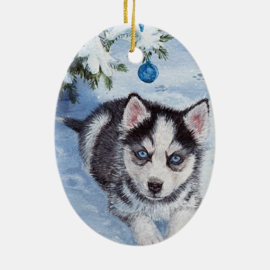 青いクリスマスハスキーな犬の子犬のクリスマスのオーナメント セラミックオーナメント (裏面)