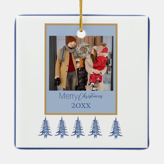 青いクリスマスパゴダの木1フォトフレーム セラミックオーナメント (裏面)