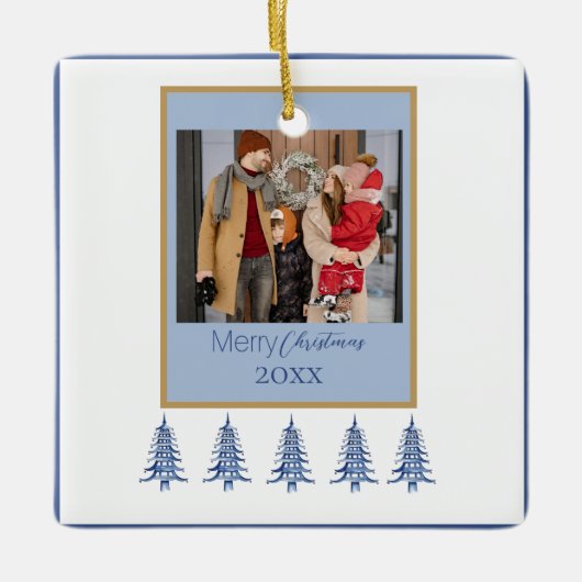 青いクリスマスパゴダの木1フォトフレーム セラミックオーナメント (正面)