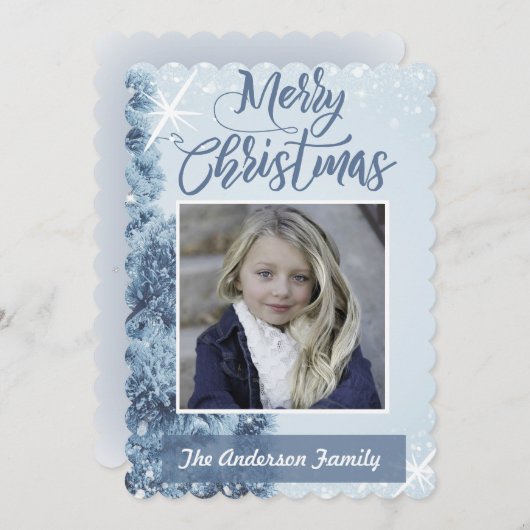青いクリスマスフォトカード シーズンカード (正面/裏面)