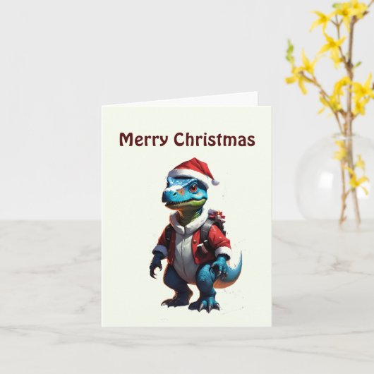 青いクリスマス恐竜 カード (黄色い花)