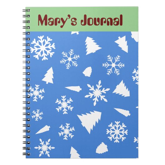 青いクリスマス白い雪の結晶と木 ノートブック (正面)