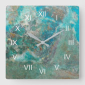 青いクリソコラ石と白いローマ数字 スクエア壁時計 (正面)