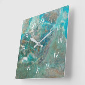 青いクリソコラ石と白いローマ数字 スクエア壁時計 (傾斜)