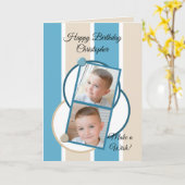 青いクリームと白いストライプ写真の誕生日 カード (黄色い花)