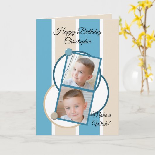 青いクリームと白いストライプ写真の誕生日 カード (黄色い花)