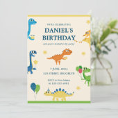 青いクリームの楽しい子供の恐竜の誕生日パーティー 招待状 (スタンド正面)