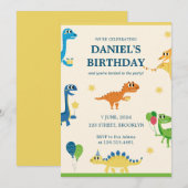 青いクリームの楽しい子供の恐竜の誕生日パーティー 招待状 (正面/裏面)