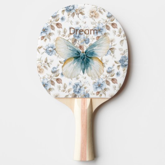 青いクリームベージュ茶色の花蝶々 卓球ラケット (正面)