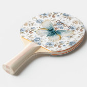 青いクリームベージュ茶色の花蝶々 卓球ラケット (正面アングル)