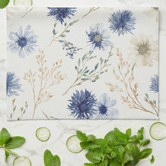 青いクリーム色の花 キッチンタオル (折り畳み)