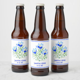 青いクロッカスの白い結婚式のビールラベル ビールラベル