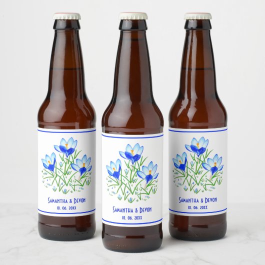 青いクロッカスの白い結婚式のビールラベル ビールラベル (ボトル)