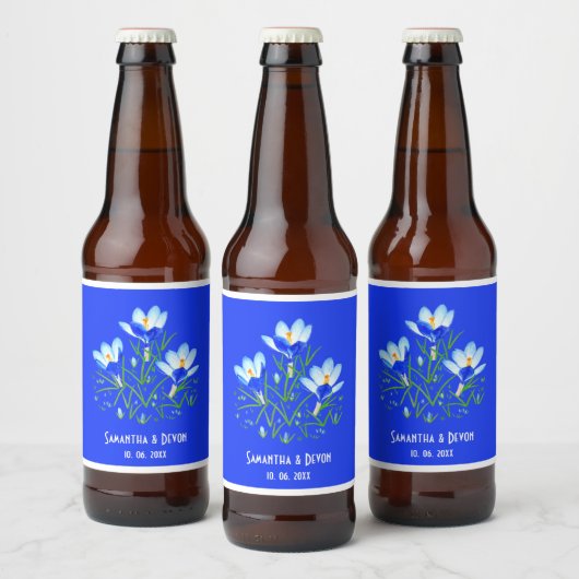 青いクロッカスの結婚式ビールラベル ビールラベル (ボトル)