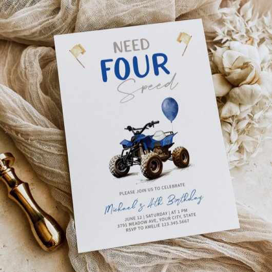 青いクワッドバイクの4歳の誕生日パーティー招待状 招待状
