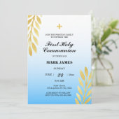 青いグラディエント&金ゴールド葉初の聖餐会 招待状 (スタンド正面)