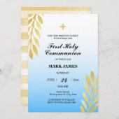 青いグラディエント&金ゴールド葉初の聖餐会 招待状 (正面/裏面)