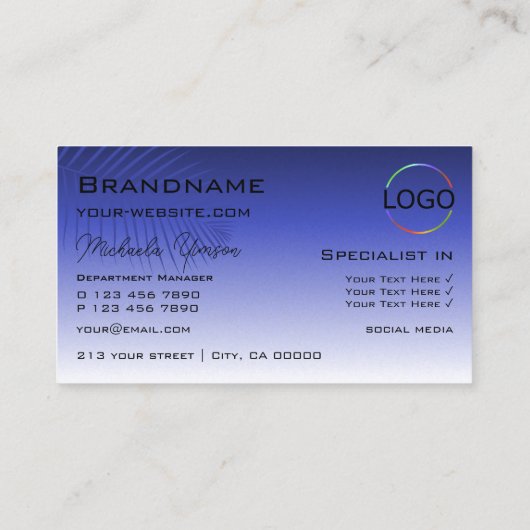 青いグラデエレガントーションの手のひらの葉モノグラムとロゴ 名刺 (裏面)