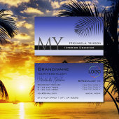 青いグラデエレガントーションの手のひらの葉モノグラムとロゴ 名刺