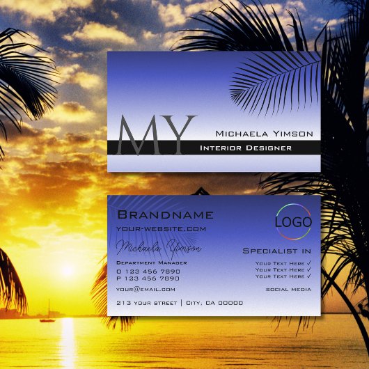 青いグラデエレガントーションの手のひらの葉モノグラムとロゴ 名刺