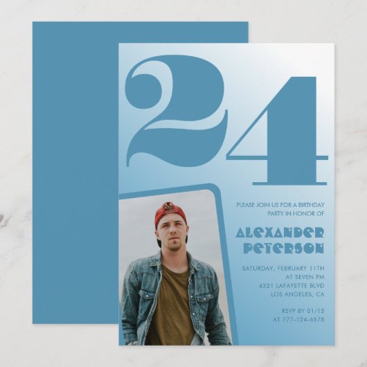 青いグラデーションの24歳誕生日招待状 彼の写真 招待状 (正面/裏面)