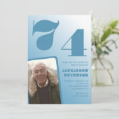 青いグラデーションの74歳誕生日招待状 メンズ フォト 招待状 (スタンド正面)