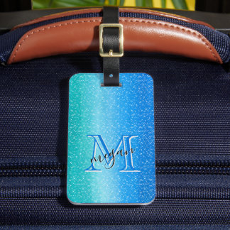 青いグラデーションスパークルパーソナライズされたモノグラム ラゲッジタグ