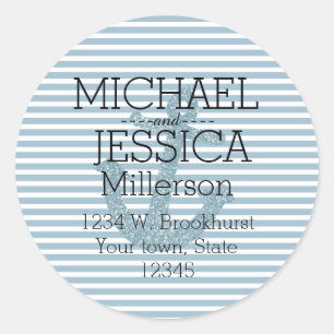 青いグリッターいかりストライプのアドレパーソナライズされたス ラウンドシール