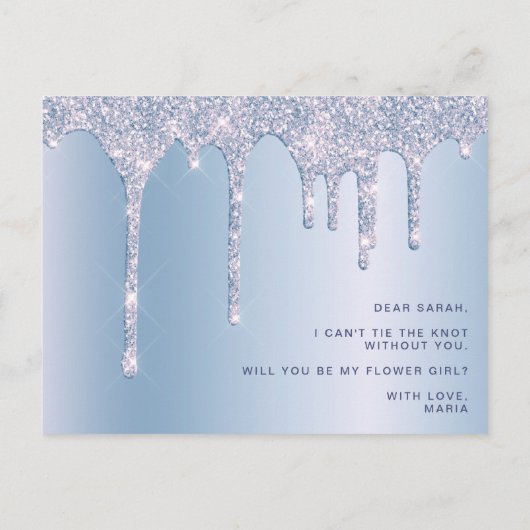 青いグリッターが滴ります。あなたは私のフラワーガールになってくれる? インビテーションポストカード (裏面)