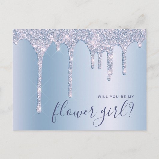 青いグリッターが滴ります。あなたは私のフラワーガールになってくれる? インビテーションポストカード (正面)