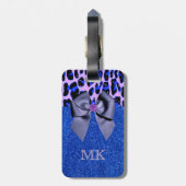 青いグリッターとヒョウ印刷 ラゲッジタグ (裏面縦)