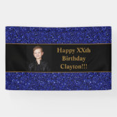 青いグリッターとメッセージフォト誕生日バナー 横断幕 (横)