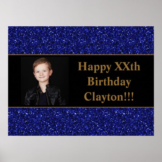 青いグリッターとメッセージフォト誕生日 ポスター (正面)