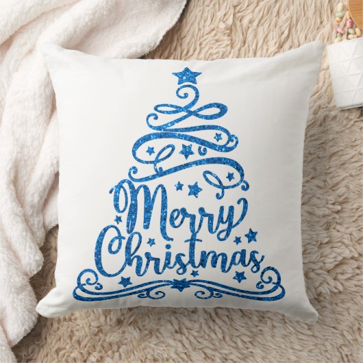 青いグリッターと白いメリークリスマス クッション (ブランケット)