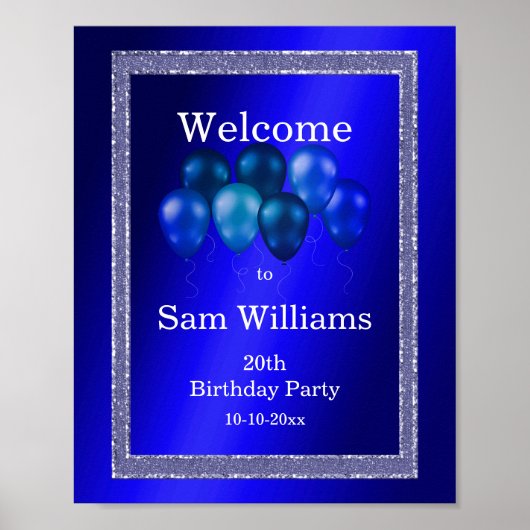 青いグリッターと誕生日バルーン ポスター (正面)