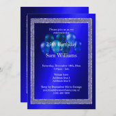 青いグリッターと誕生日バルーン 招待状 (正面/裏面)