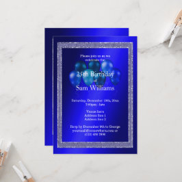 青いグリッターと誕生日バルーン 招待状
